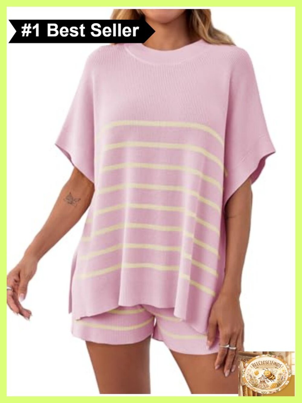 Women's Striped 2 Piece Lounge Set Batwing Short Sleeve Oversized Top & High